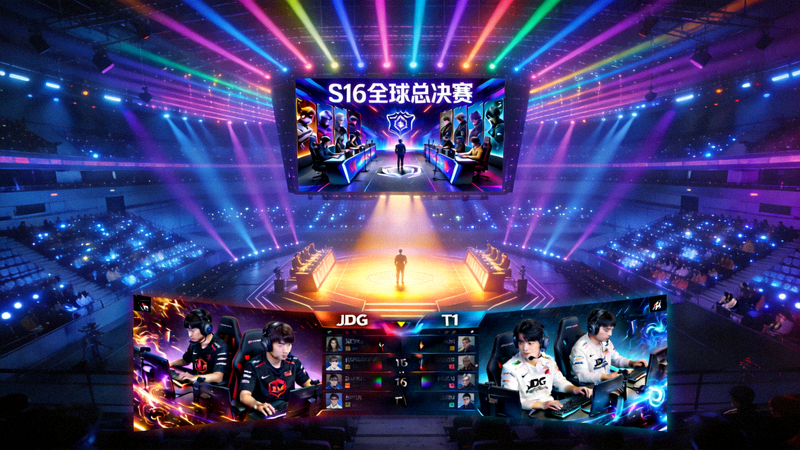 S16全球总决赛赛场灯光与选手对战大屏画面，用于LOL世界赛竞猜资讯配图
