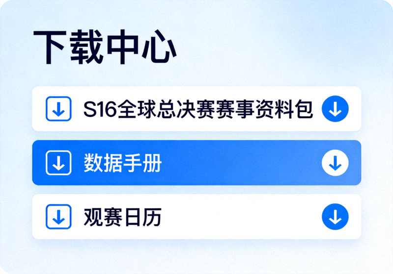 下载中心页面展示S16全球总决赛赛事资料包、数据手册与观赛日历资源列表的界面示意图